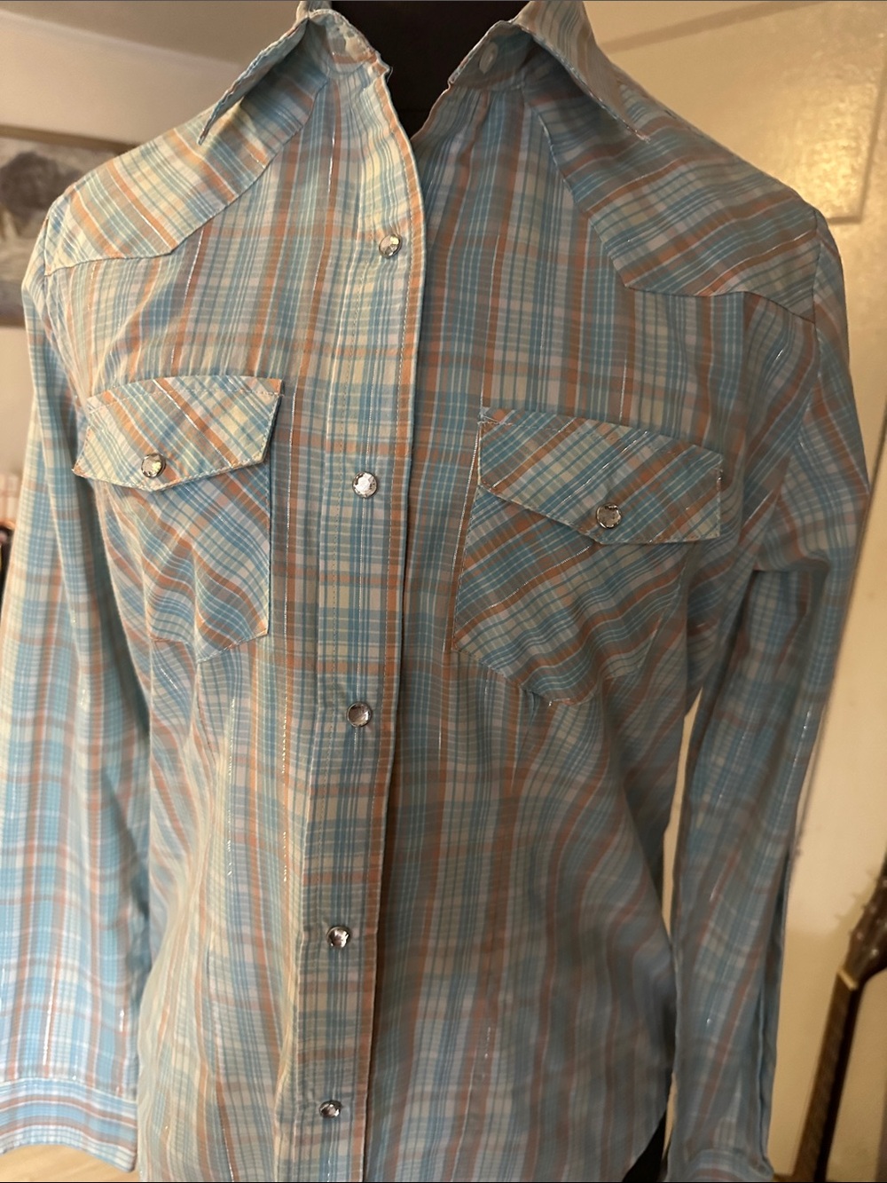 Women's Plaid Button-Down Shirt - Light Blue & Tan